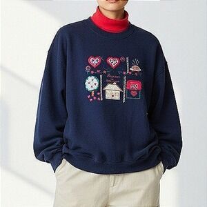 Pleasant‎ Shade Navy Vintage Crewneck Sweatshirt Embroidered Winter Scene Large